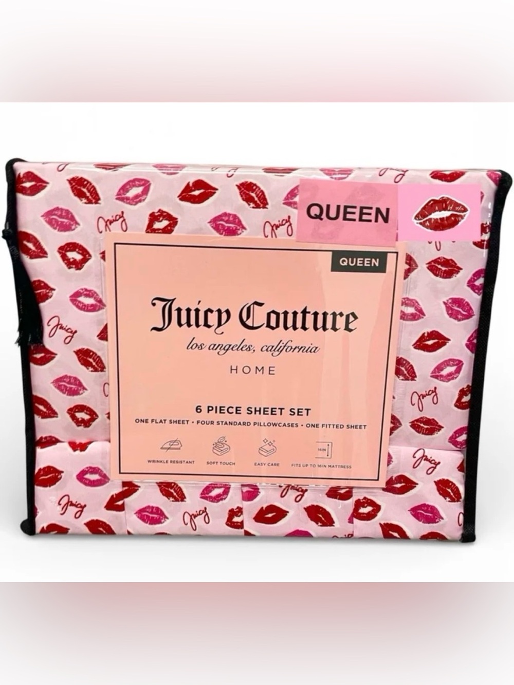 Juicy Couture 6-pc Queen Sheet Set JC Pink Lots of Kisses 2 Extra P/C's NEW NIP